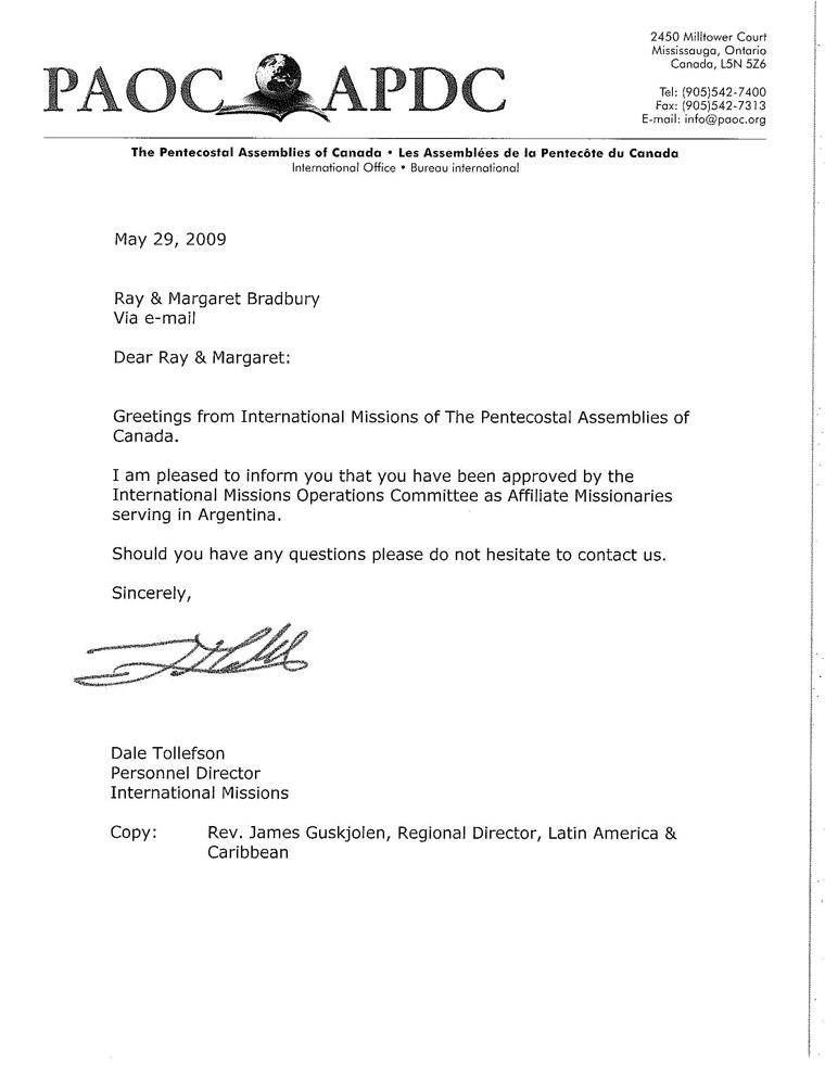Letter from PAOC Canada